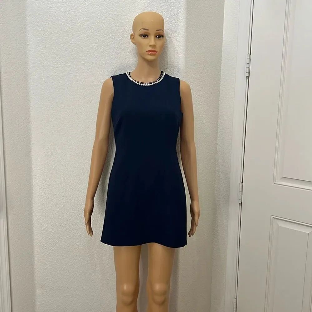 Karl Lagerfeld Paris Dress Sz 2 Scoop Neck Sleeveless Navy Blue Pearls Gold Mini